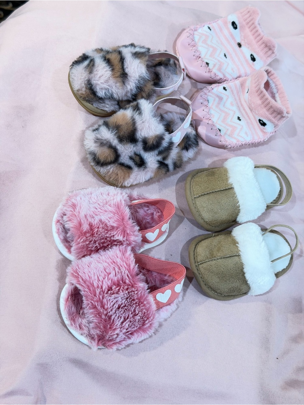 Cozy Baby Girl Shoe lot: Sandals, Slippers & Booties- 4 Pair Bundle 0-3 months